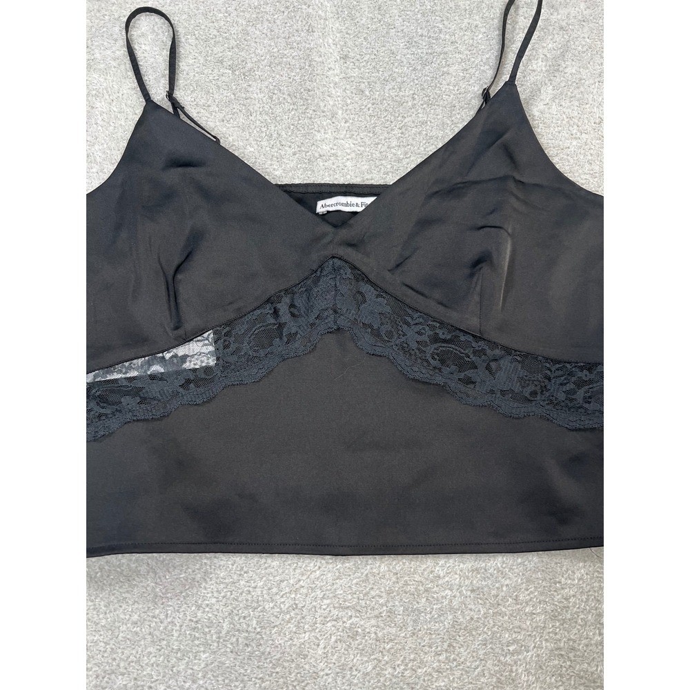 Abercrombie & Fitch Cami Top L Black Lace Inset Satin Look Side Zip Coquette - Picture 4 of 9